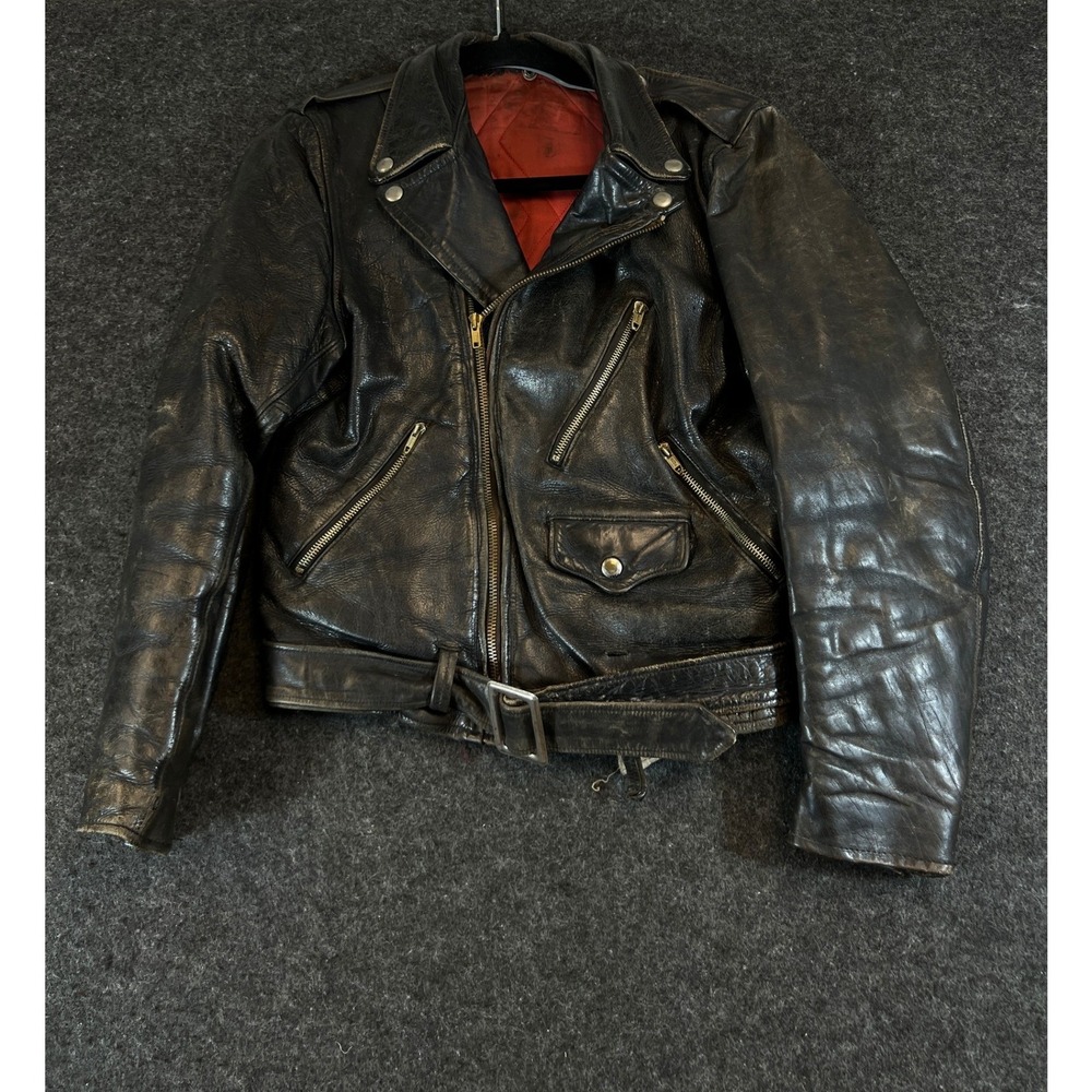 VTG 50s Leather Jacket Mens Small Black Horsehide Zombie Biker 1950s USA RARE